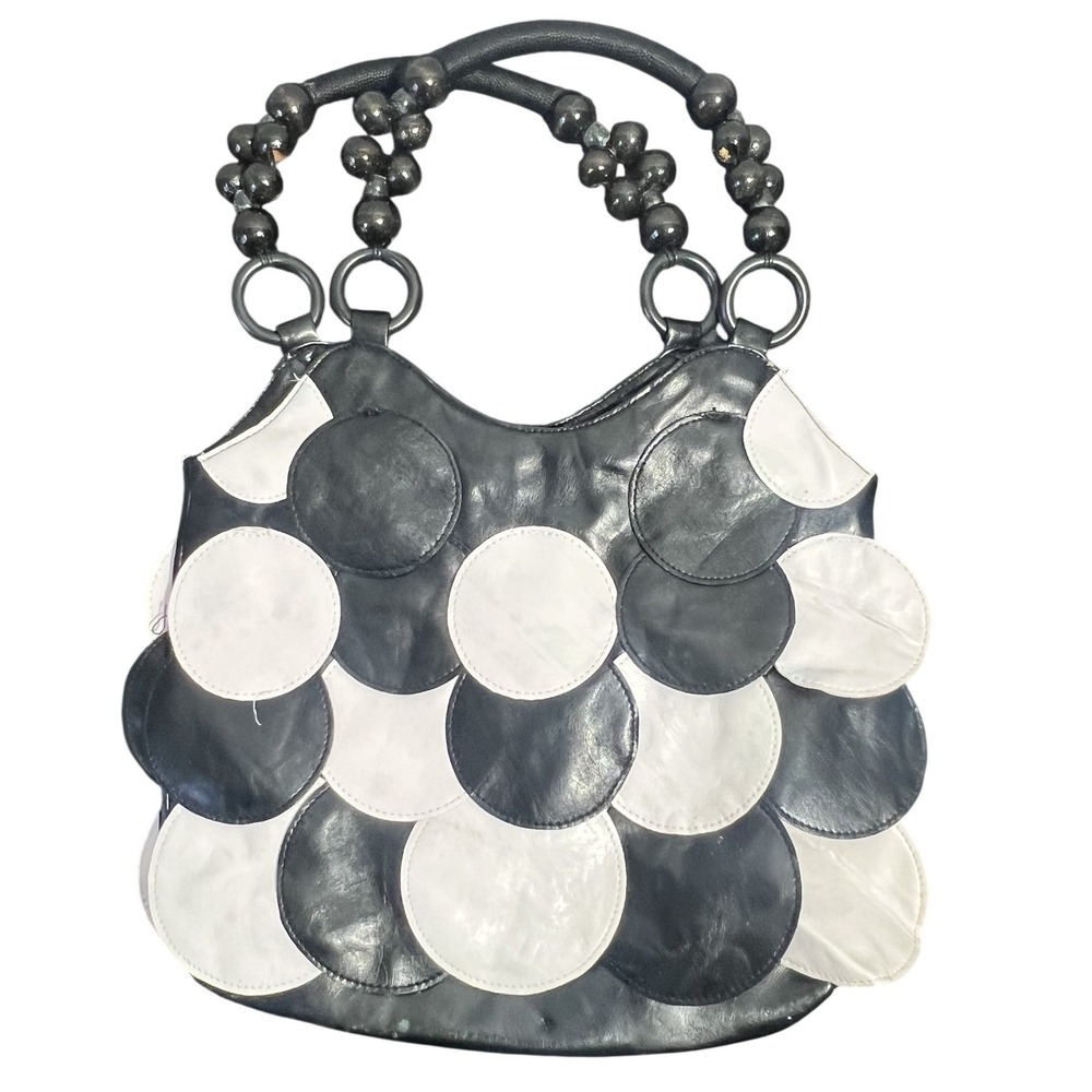 Mudd Black & White Patchwork Peace Sign Satchel Shoulder Bag Beaded Handle Tote